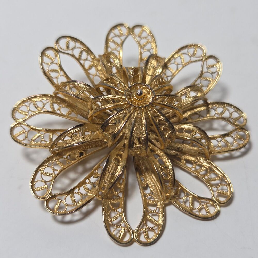 Vintage 3D Filigree Flower Brooch Gold Tone Layered Petal Mid-Century MCM Pin